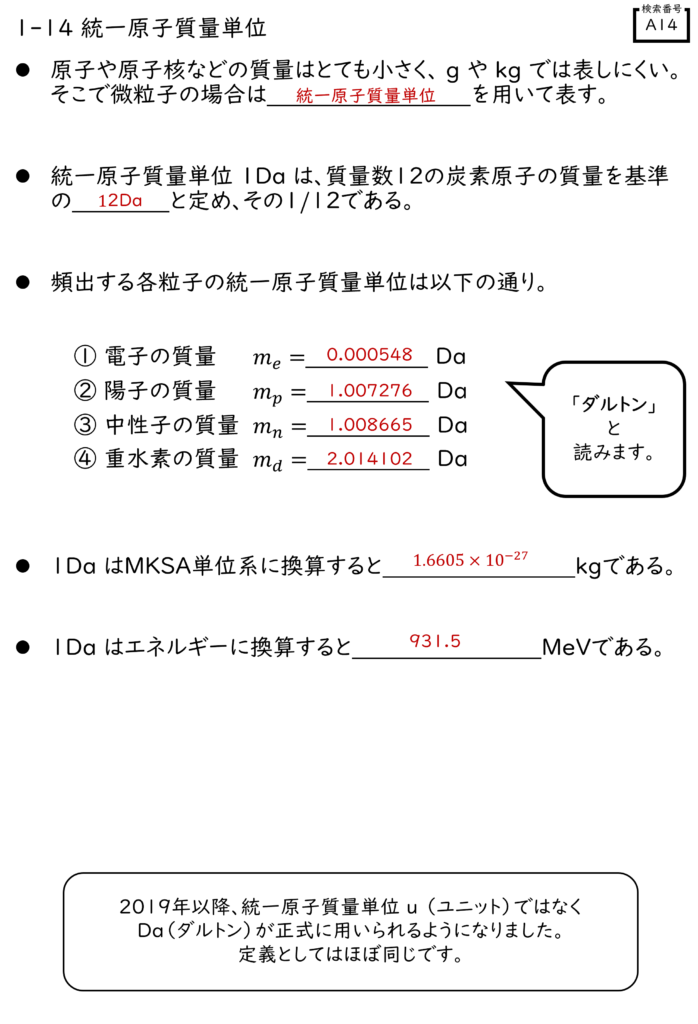 統一原子質量単位（Da, ダルトン）に関する解説図。

中央に「12C（炭素12）」の原子模型とともに「統一原子質量単位（Da）」の定義が示されている。
　→ 12C 1個の質量を 12 Da と定義している。

代表的な粒子の質量（Da）を表で紹介：
　・電子：0.000548 Da
　・陽子：1.007276 Da
　・中性子：1.008665 Da
　・重水素：2.014102 Da

ダルトン（Da）は「ダルトン」と読み、2019年以降、従来の「u（ユニット）」に代わって正式な単位として採用されている（Da と u は定義上ほぼ同じ）。

統一原子質量単位 1 Da = 1.6605 × 10⁻²⁷ kg

1 Da に相当するエネルギー：931.5 MeV/c²（アインシュタインの式 E=mc² に基づく）

吹き出しでは「ダルトンと読みます」と補足されている。